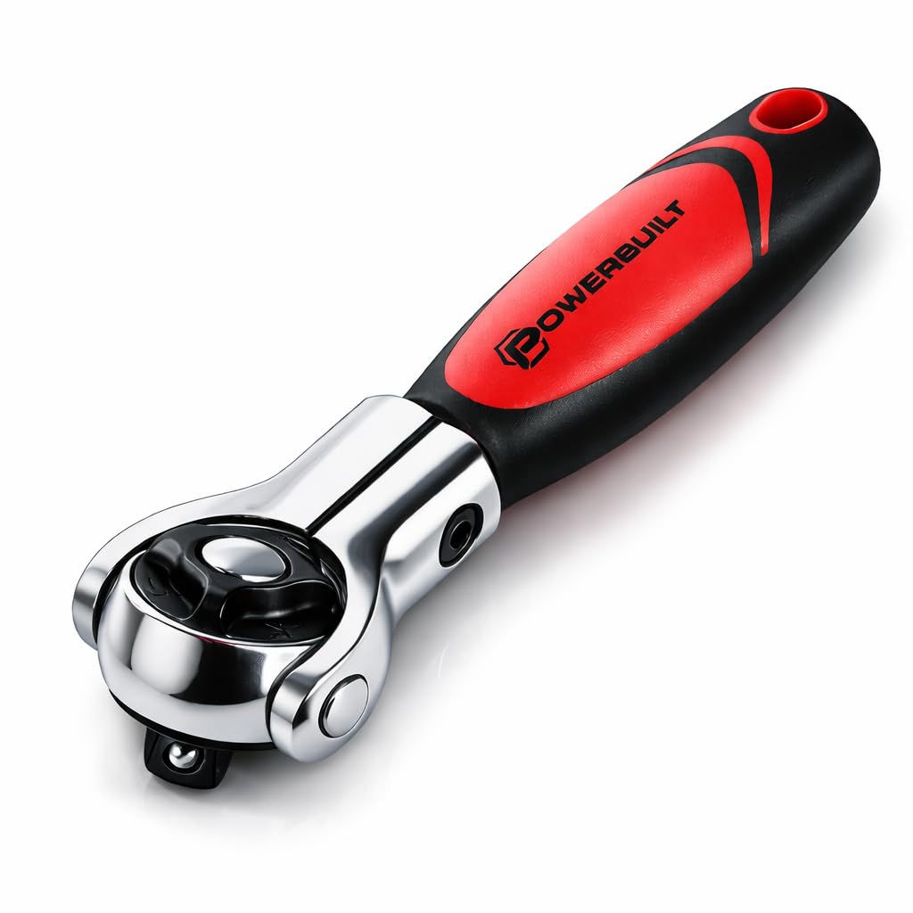 Powerbuilt 3/8 Inch Drive Swivel Head Stubby Ratchet, Swivel Head and Solid Grip, Small Size Ratchet for Tight Spaces, 72 Tooth - Red 940482