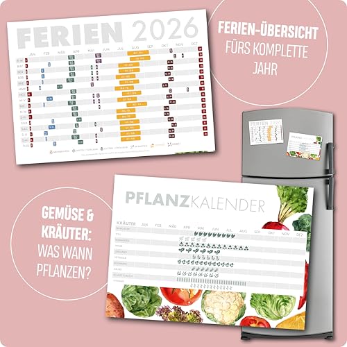 Familienkalender 2026 5 Spalten PASTELL Familienplaner 2026 mit STICKER Urlaub Recycling Ferien Wandplaner 2026 Wandkalender 23 x 43cm inkl. Okt-Dez 2025, Pflanzkalender, Kunst Design Boho