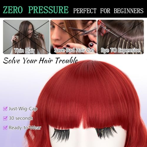 Image of AISI HAIR Red Synthetic Wavy Curly Bob Wig with Bangs Short Wavy Hair for Women Synthetic Heat Resistant Bob Wigs