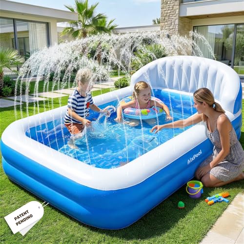 AixPool 2026 Inflatable Pool with Sprinkler,Durable Blow up Pool with Big Backrest, Rectangle Kids Pool Backyard,Children Swimming Pool,Small Inflatable Kiddie Pool,Outdoor Water Pool for Kids-S