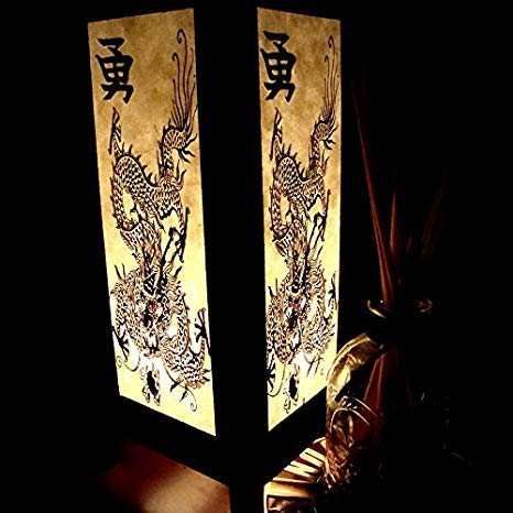 Red Berry Bedside Japanese Lamp Vintage Asian Inspired Decorative Table Lamp With Fabric Square Lamp Shade Retro Fire Dragon Lamp For Bedroom Nightstand, Desk, Living Room, Dorm Fire Dragon #TOP4