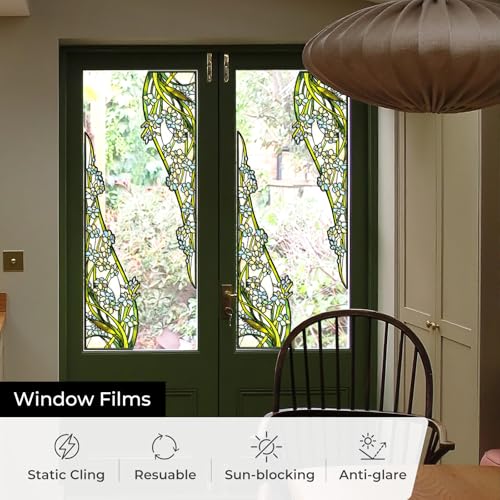 ADD.HERES Window Stickers, ‌Stained Glass Window Privacy Film, UV Blocking Static Cling for Home Kitchen Office Bathroom, Cymbidium lianpan Tang et Wang, 17.72" X 39.37"