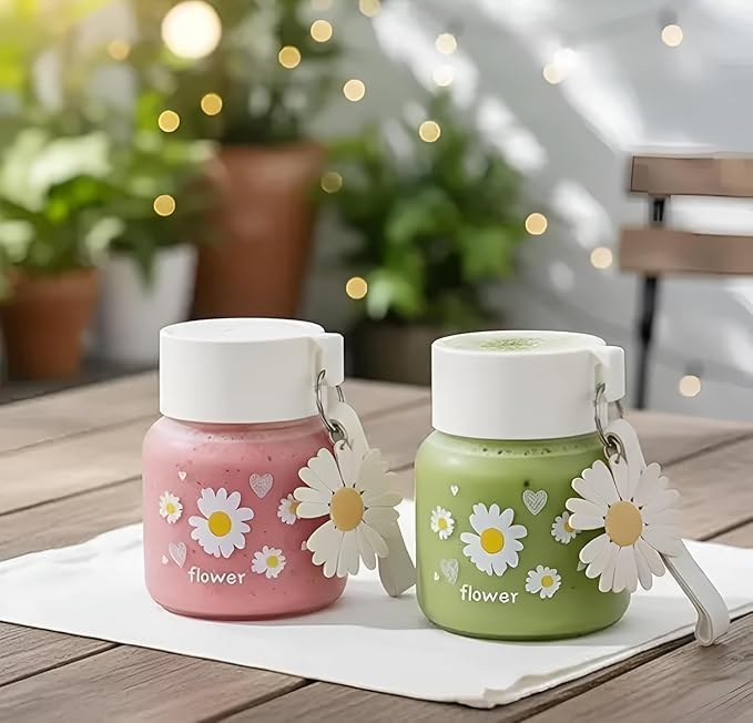 Image of Cute Daisy Flower Water Bottle With Lid And Keychain, 350 ML, Set Of 2 Leak-Proof Reusable Juice, Coffee, Milk, Smoothies, Tea, Mini Glass Drink Bottle For Kids, Office, Travel & Gifting