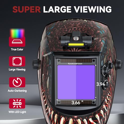 Image of ARCCAPTAIN Large View 3.94 inch x 3.66 inch True Color Auto Darkening Welding Helmet with Light, Solar Powered Welding Hood, 4 Arc Sensor Wide Shade 4 /5-9 /9-13 for Stick MIG TIG Cut, Alien