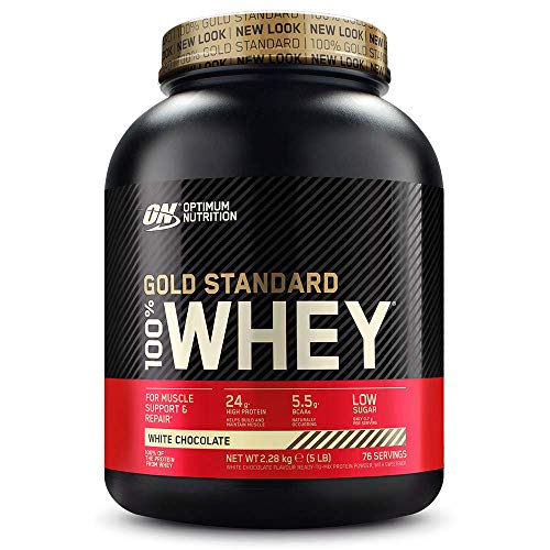 Optimum Nutrition ON Gold Standard 100% Whey Proteína en Polvo Suplementos Deportivos, Glutamina y Aminoacidos, BCAA, Chocolate Blanco, 76 porciones, 2.28 kg, Embalaje puede variar