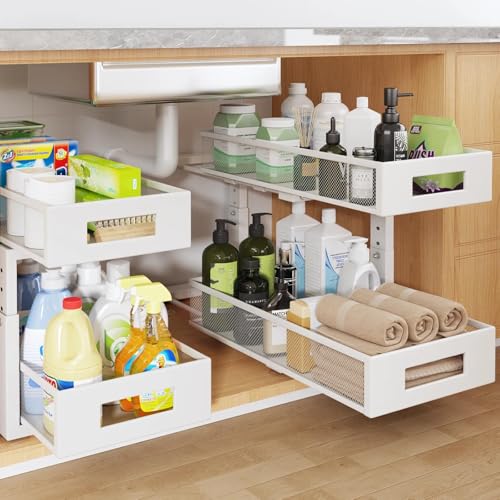 Image of 2 Packs 19IN Depth Under Sink Organizer, 2-Tier Pull Out Cabinet Organizer With Smooth Circular Rail, Large Capacity Metal Mesh Sliding Drawers For Bathroom& Kitchen Storage,Height Adjustable -White