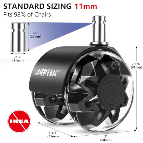 AGPTEK Set of 5 Office Chair Caster Wheels, Smooth Office Chair Wheels Replacement (11x22mm) for Hardwood Floors, Carpet, Heavy Duty Quiet Office Chair casters, No Noise, Quiet Game Chair Wheels