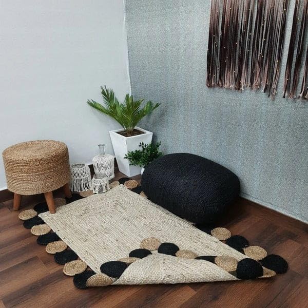 Premium Boho Collection-Braided Chindi with Black Tikki Rectangular Carpet- Multiple Sizes 6x9 Ft (9x13 ft)