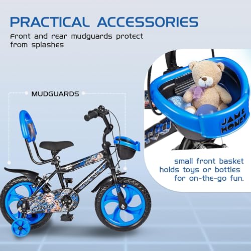 Image of Amazon Brand - Jam & Honey Kids 14T Bicycle | Sturdy Steel Frame | EVA Tyres | Adjustable Seat & Handlebar | Training Wheels | Front Basket | Blue