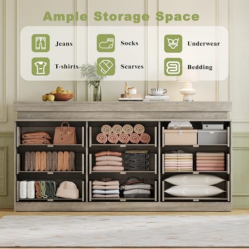 Image of 9 Drawer Dresser with LED Lights and Charging Station, 63 inch Wide Grey Wood Fluted Dresser for Bedroom, Modern Chest of Drawers for Closet Dresser TV Standt for Living Room, Entryway, Hallway
