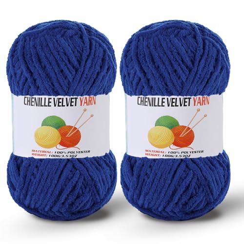 Image of 2 * 100g /3.5oz Fluffy Chenille Yarn for Crocheting, Chunky Velvet Yarn for Crochet Amigurumi, Used for Making Baby Yarns Blanket, Clothes, Pattern Knitting Creations (Sapphire Blue)