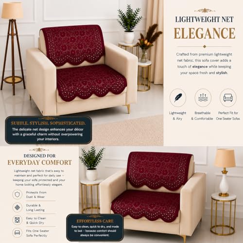 Image of Homerz Premium 'Surya Series' Sofa Cover | Stylish Sofa Protector | Net Fabric | Anti-Stain & Washable Slip Cover Exact Size Antislip (Flower Valley Maroon, 1 Seater, Seat Cover with Backrest)