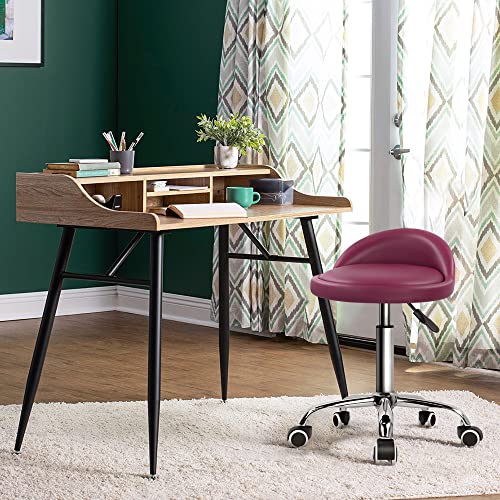 Image of KKTONER PU Leather Round Rolling Stool with Back Rest Height Adjustable Swivel Drafting Work SPA Medical Task Chair with Wheels (Rose red)
