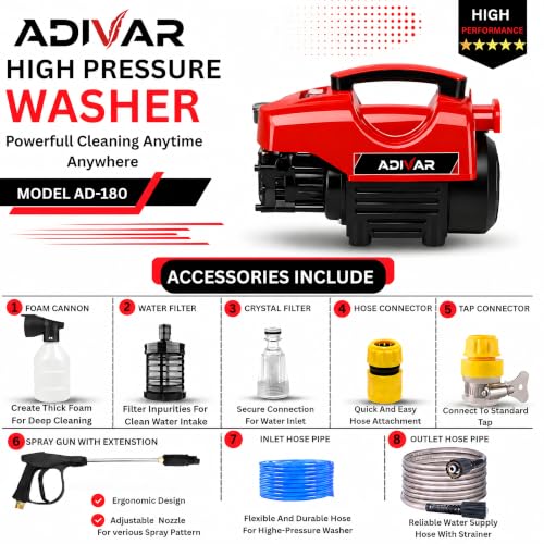 Image of AD-180 High Pressure Washer | 2000W Motor | 180 Bar Max Pressure | 7 L /Min Flow Rate | Portable Electric Washer for Car, Bike, Solar Panal, Walkways & Home Cleaning