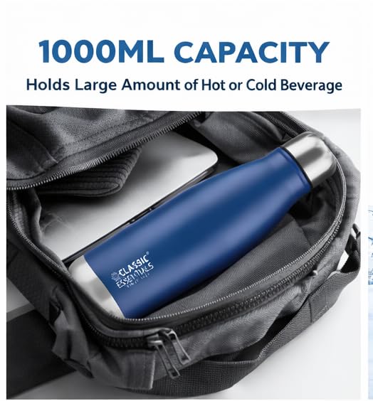 Image of CLASSIC ESSENTIALS Insulated Double Wall Vacuum Stainless Steel Water Bottle 24 Hours Hot and Cold,BIS Approved,100% Leakproof Lid,Sweat Proof Water Bottles, Great for Travel Picnic (Blue,1000ml)