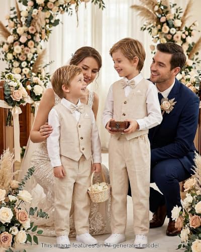 Image of SANGTREE Boys Suit Cotton Linen Formal Set Baby Boy Dress Clothes Gentleman Wedding Ring Bearer Outfits, 3 Months - 9 Years