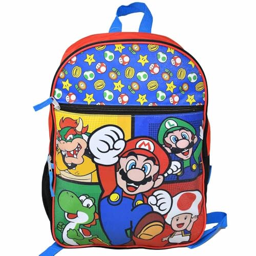 Bioworld Mochila infantil Super Mario de 40,6 cm – Mochila escolar colorida com bolso frontal e malha lateral, mochila de viagem leve para meninos e meninas