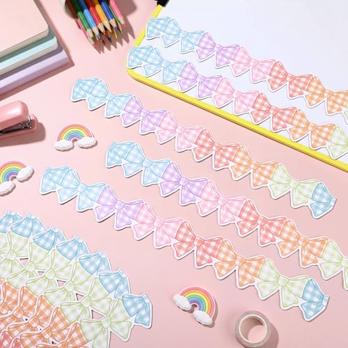 Image of TaoBary 24 Pcs Pastel Bow Magnetic Borders for Classroom Whiteboard 11.8 x 1.5 inch Gingham Bow Magnetic Bulletin Board Borders Scalloped Strips Trim for Classroom School Office Decoration