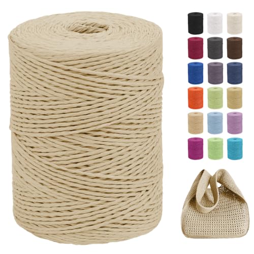 CAMAL Raffia Garn zum Häkeln Von Taschen 2mm x 300m Geflochten Raffia Papierdraht Weich Bastgarn Bast zum Stricken Tasche Strandmütze DIY Handarbeiten (Helles Kaffee)