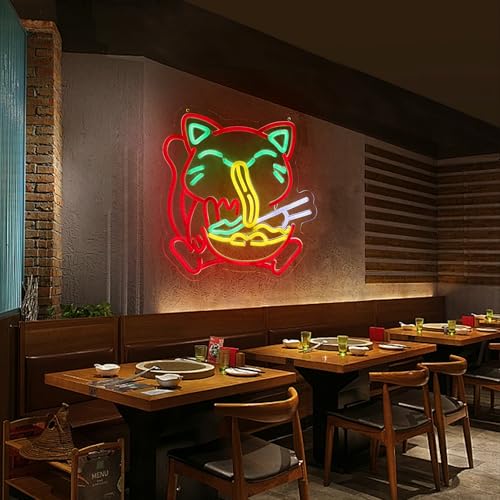 Image of Ramen Neon Sign Ramen Cat LED Light Wall Decor for Living Room, Dining Room, Ramen Shop - Unique Gift for Cat Lovers, Ramen Lovers 12.8 * 16.6 Inch