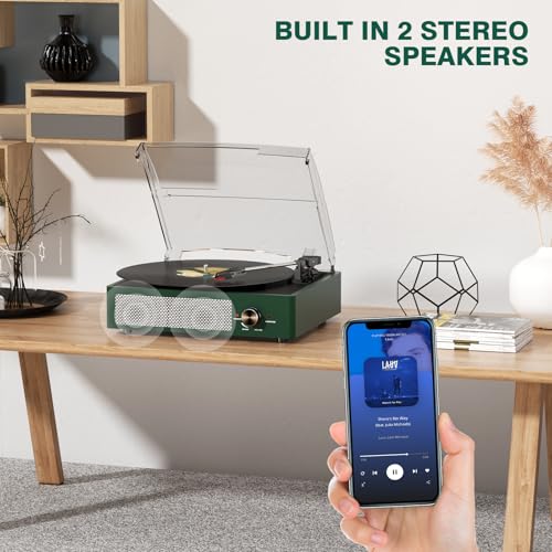 Image of Record Player Bluetooth Turntable with Built-in Speakers & 3 Speed 3 Size Portable Retro Vinyl Record Player for Entertainment and Home Decoration Emerald Green
