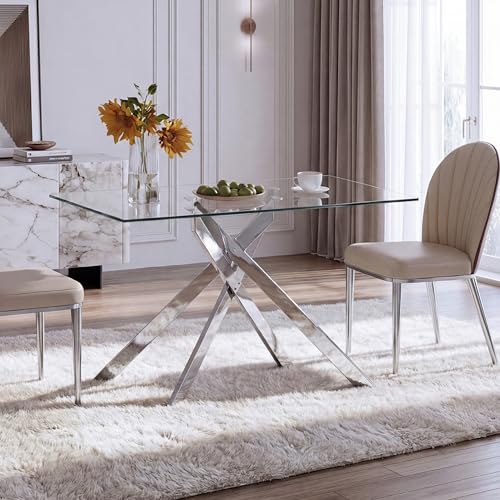 Veemuaro 51.2 Glass Dining Table for 4 People Rectangular Glass Kitchen Table with Silver Steel Legs Modern Dining Room Table for Dinner Kitchen Dining Room