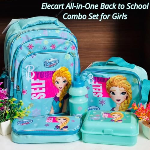Image of Combo Set for Girls - 5 in 1 Back to School Hamper with Backpack, Lunch Bag, Tiffin Box, Water Bottle & Pencil Pouch - Complete School Essentials Gift Set for Kids (Blue Bag)