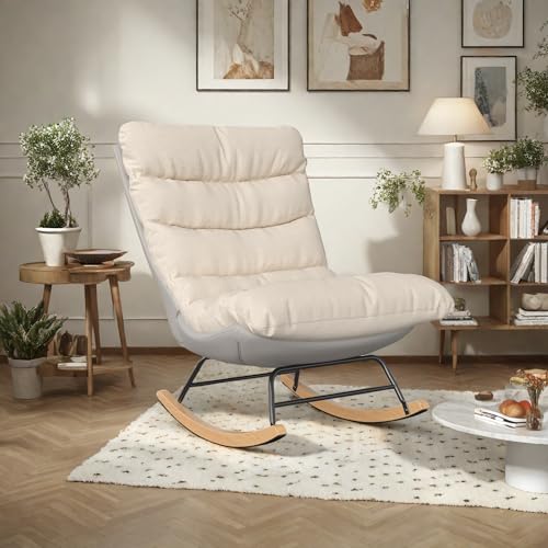 Julyue Mecedora de tela acolchada para salón, cómoda silla de lectura, silla de relax, silla mecedora de respaldo alto, color beige, capacidad de carga de 150 kg