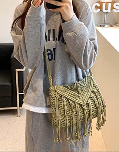 Image of Crossbody Purse for Women Cute Macrame Hobo Satchel Bags Knit Summer Beach Bag Tassels Shoulder Crochet Tote Handbag