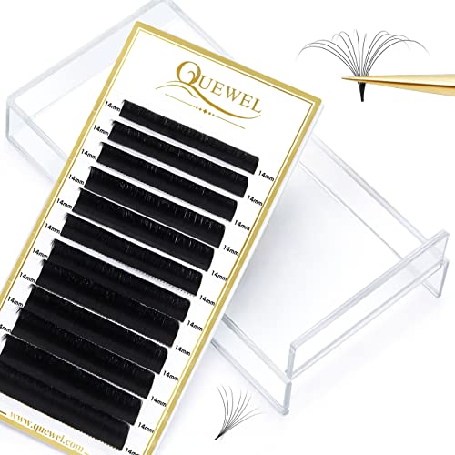 Quewel Easy Fan Russian Volume Lash Extensions 0.07 D Curl 14mm Reusable Box Self Fanning Automatic Blooming Eyelashes (0.07-D-14)