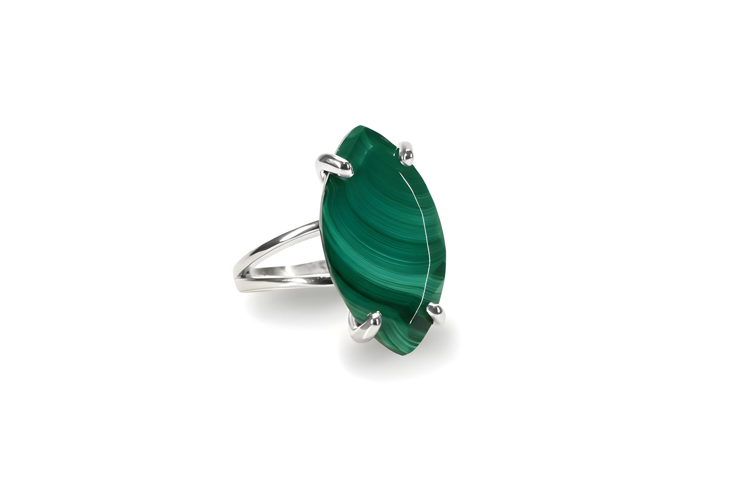 Malaquita de Plata - Anillo Marquesa en Plata de Ley 925 - Joyería Hecha a Mano para Mujer - Accesorio de Fiesta Boda Casual Statement - Talla y Grabado a Medida - con Caja de Regalo