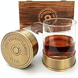 The Perfect Shot Whiskey Co '12 GA Collection' Signature Shotgun Shell Whiskey Glasses Set of 2 | REAL METAL Case and Heavy Glass | Old Fashioned Whiskey Glasses Gift Set | Bourbon Glasses - 10 Oz