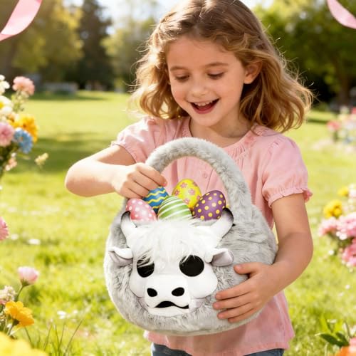 Image of Easter Basket, Soft skeleton Cow Plush Baskets, Easter Egg Hunt Buckets, Easter Decorations Indoor Outdoor, Cute Easter Gifts for Kids, Adults, Teens, Toddlers, Girls