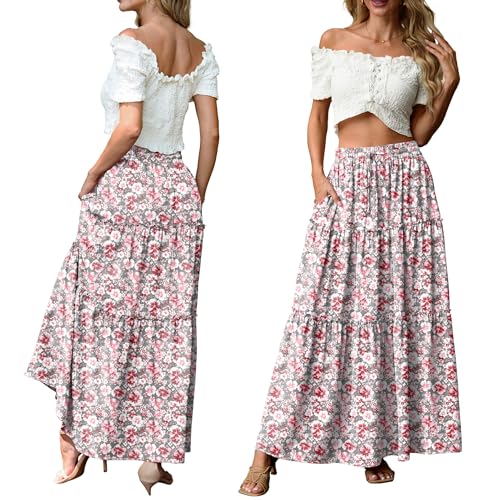Image of Lepunuo Womens Casual Boho High Waisted Flowy Maxi Skirts Tiered Floral Long Skirts with Pockets for Summer Beach Vacation