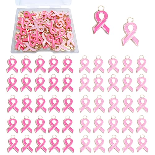 DANUDON 50 Pieces Breast Cancer Charms for Jewelry Making Hope Awareness Ribbon Pendant Charm Beads Alloy Enamel Pink Ribbon Charms Bulk with Box 2 Colors