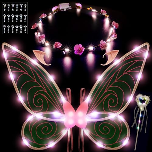 AOOWU 5 Pièces Ailes de Fée Lumineuses, Comprend Une Couronne, des Oreilles D'elfe, Un Sceptre en Forme de Cœur et des Strass pour Le Visage, Halloween Carnaval et Thème Fête, Lumière Rose