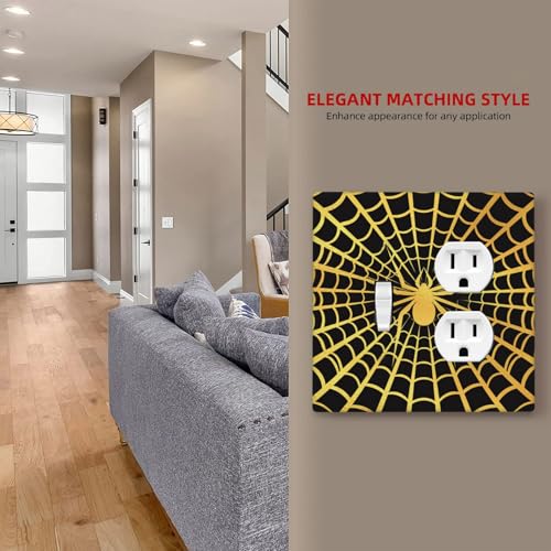 Decorative Outlet Covers Black Background with Golden Spiderweb Spider 2 Gang Outlet Cover Wall Plate Single Toggle Duplex Light Switch Cover Plate Switch Plate Covers