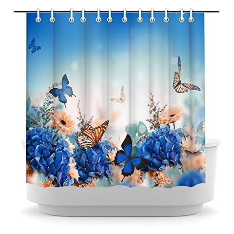 LyerArtork Blue Flower and Butterfly Shower Curtain Durable Polyester Floral Bath Curtain Animal Wings Insect Bathroom Curtain with 12 Pack Hooks for Bathroom Shower Room Decor 72x72inch Cover