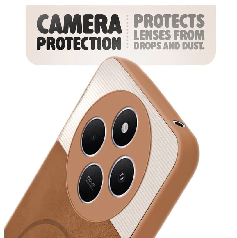 Image of Bintage CASE Mac Safe Design Hard Light Weight Back Case | Soft Border Camera Protect | Dual PU Leather Finish Back Cover Compatible for Poco M7 / Redmi 14C 5G - White & Brown