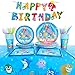 Produktbild Heboland Shark Party Supplies Set, Baby Hai Supplies Set Geschirr Teller Pappbecher, Tischdecke, Banner für Kinder Geburtstag Baby Shower Dekorationen - Für 16 Gäste 114Stück