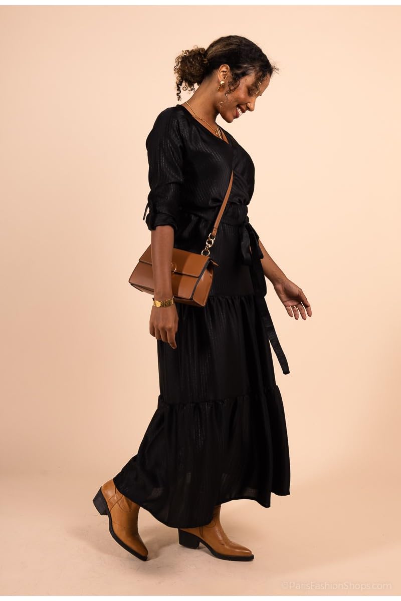MULTIPLES Robe Longue Cache-cœur satinée Fluide Noir, Grande Taille Disponible, Fabriqué en France