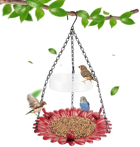 Erytlly Bird Feeder for Outdoors Hanging, Bird Bath and Feeder Combo for Attracting Wild Birds, Bird Feeder Tray for Garden,Patio,Backyard - Red