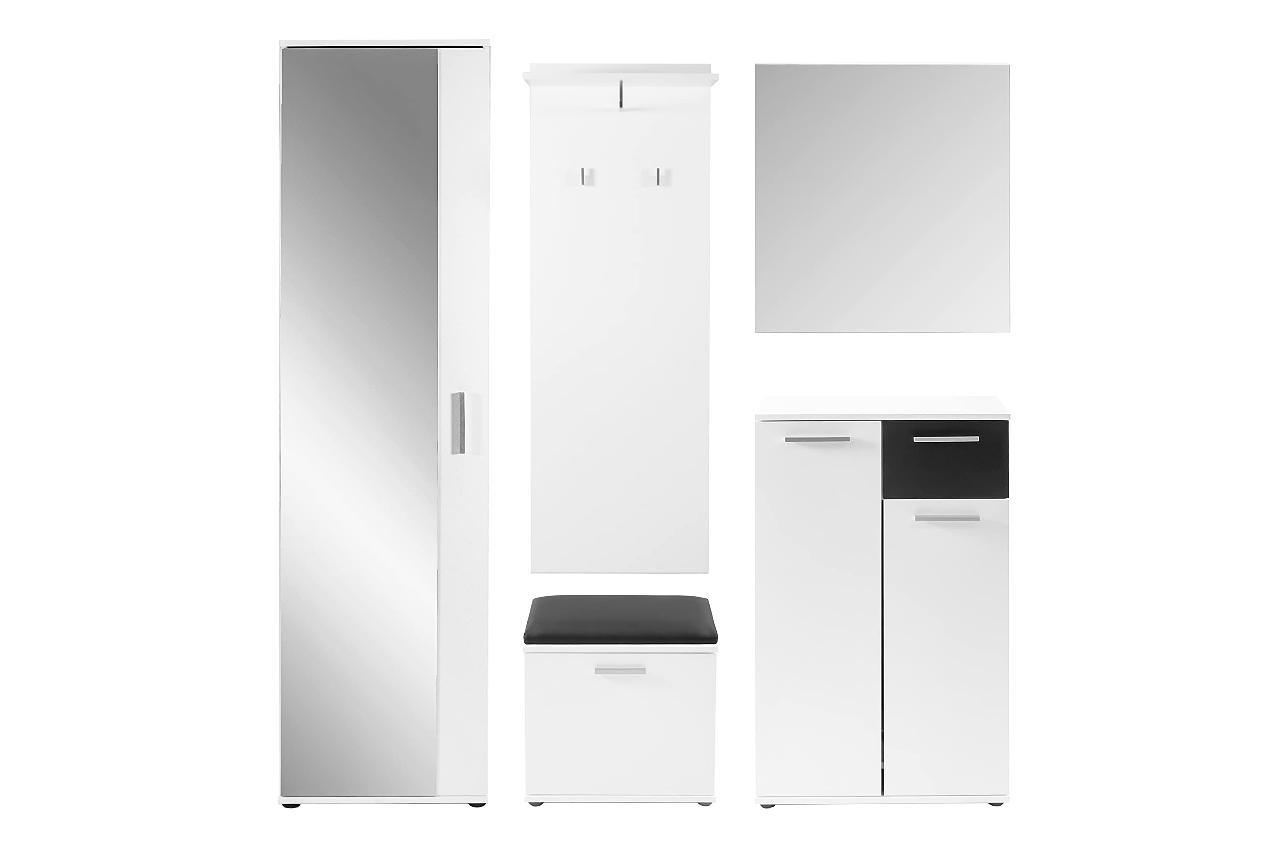 byLIVING Spiegelschrank Jakob, Eintüriger Hochschrank mit Spiegeltür, Weiß | Tür rechts oder links montierbar, 5 Fächer, B 49, H 196, T 30 cm, Griffe silberfarben, Garderobenschrank