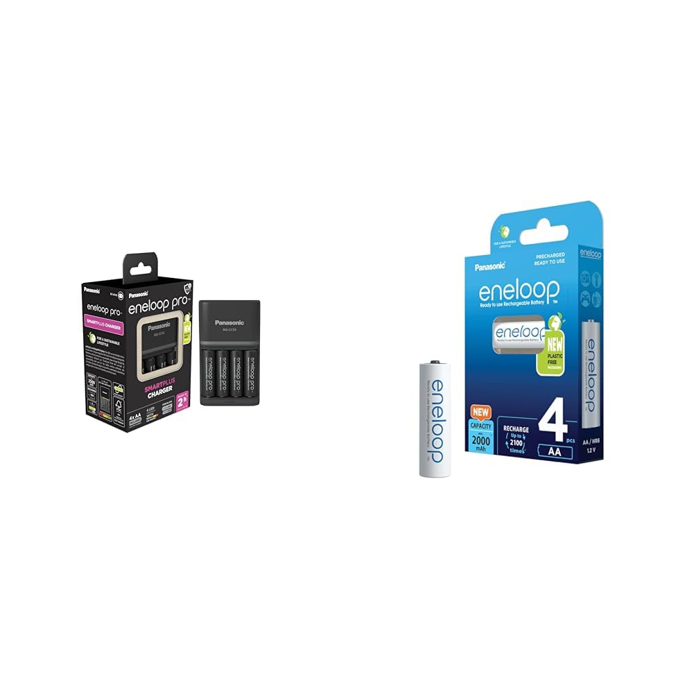 Panasonic eneloop SmartPlus Ladegerät für 1–4 AA/AAA NI-MH-Akkus & c eneloop, AA/Mignon, 4er-Pack, verbesserte Kapazität