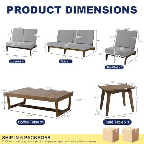Image of Pia Ricoo 6-Piece Patio Furniture Set, Outdoor Wood Sofa with Loveseat, 2 Chairs, Coffee Table & Side Table, All-Weather Conversation Set for Backyard /Deck /Lawn - Gray