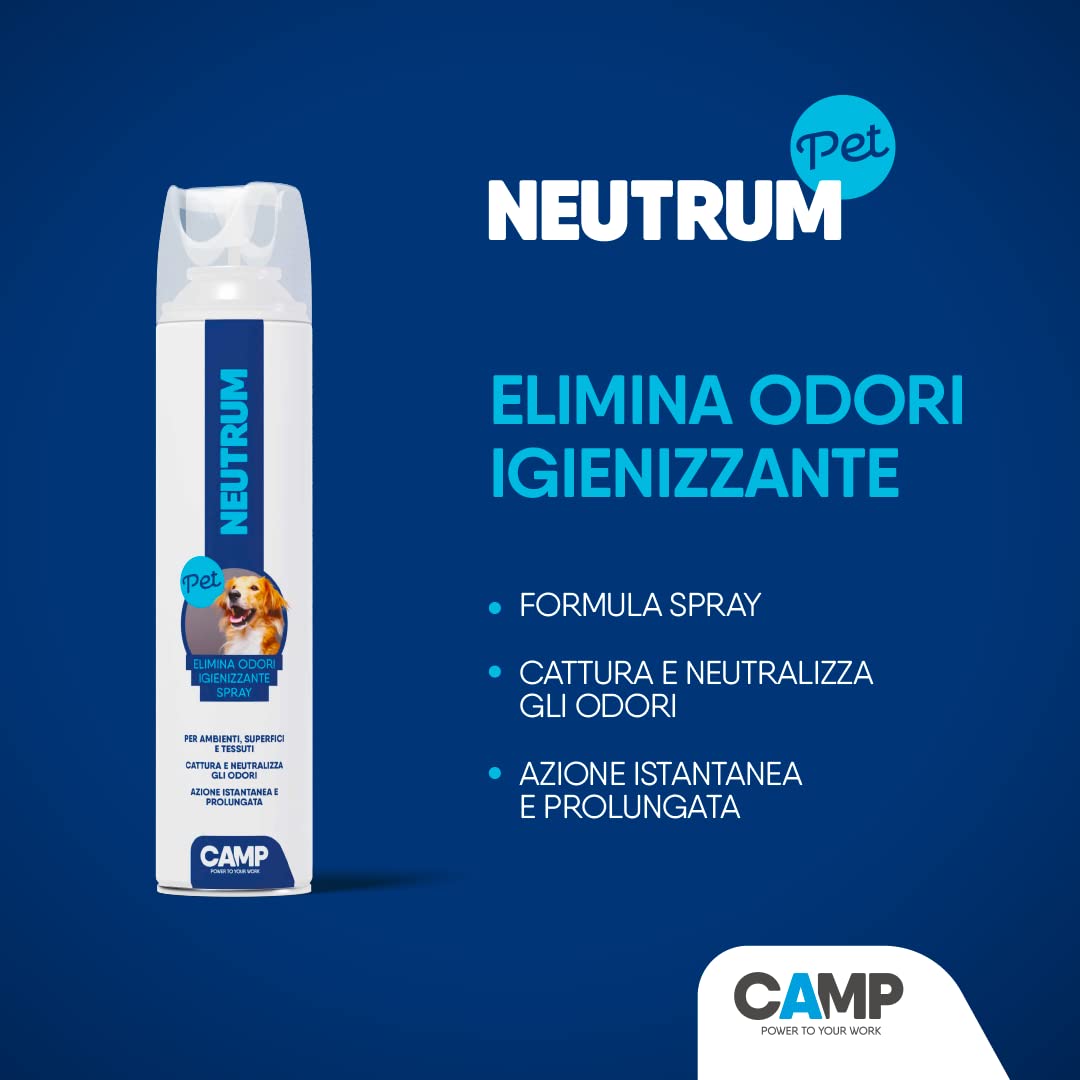 CAMP Neutrum Pet, KIT completo per animali domestici: Elimina odori (500 ml), Rimuovi urine in schiuma tascabile (200 ml) e Elimina odori igienizzante spray (300 ml).