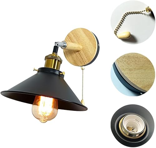 Miniatura 5 de Juego de 2 apliques de pared Vintage Negros, con Base de Madera de 1 luz, interruptor de cadena y diseño cónico. Ideal para mesilla de Noche, sala