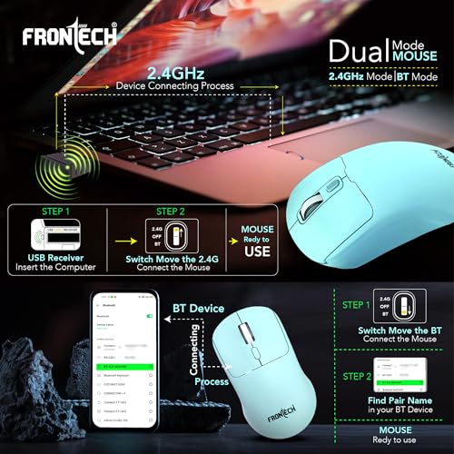 Image of FRONTECH MS-0058G Dual Mode Wireless Mouse | 2.4GHz | 1600 DPI | Bluetooth 5.0 | Ergonomic 4-Button Optical Mouse | Windows, Mac, Android Devices | Sky