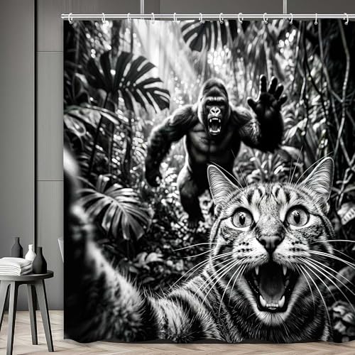 Image of Funny Cat Selfie with Gorilla in Jungle Shower Curtain, Black White Humorous Animal Bathroom Decor, Waterproof Polyester Fabric Bath Curtain Set with 12 Hooks, 47x64 Inch