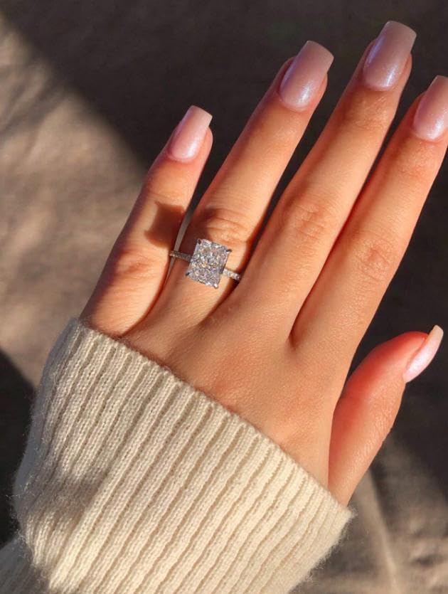 Fake Engagement Rings for Women Engagement Rings Jewelry for Brides Silver CZ Engagement Rings Travel Rings Solitaire Cubic Zirconia Engagement Rings Square Halo Engagement Ring4